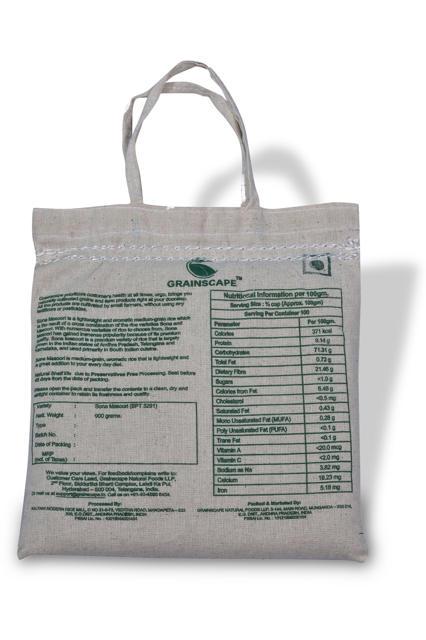 Grainscape Premium Sona Masoori Rice 900 gm. Bag - Naturally Harvested